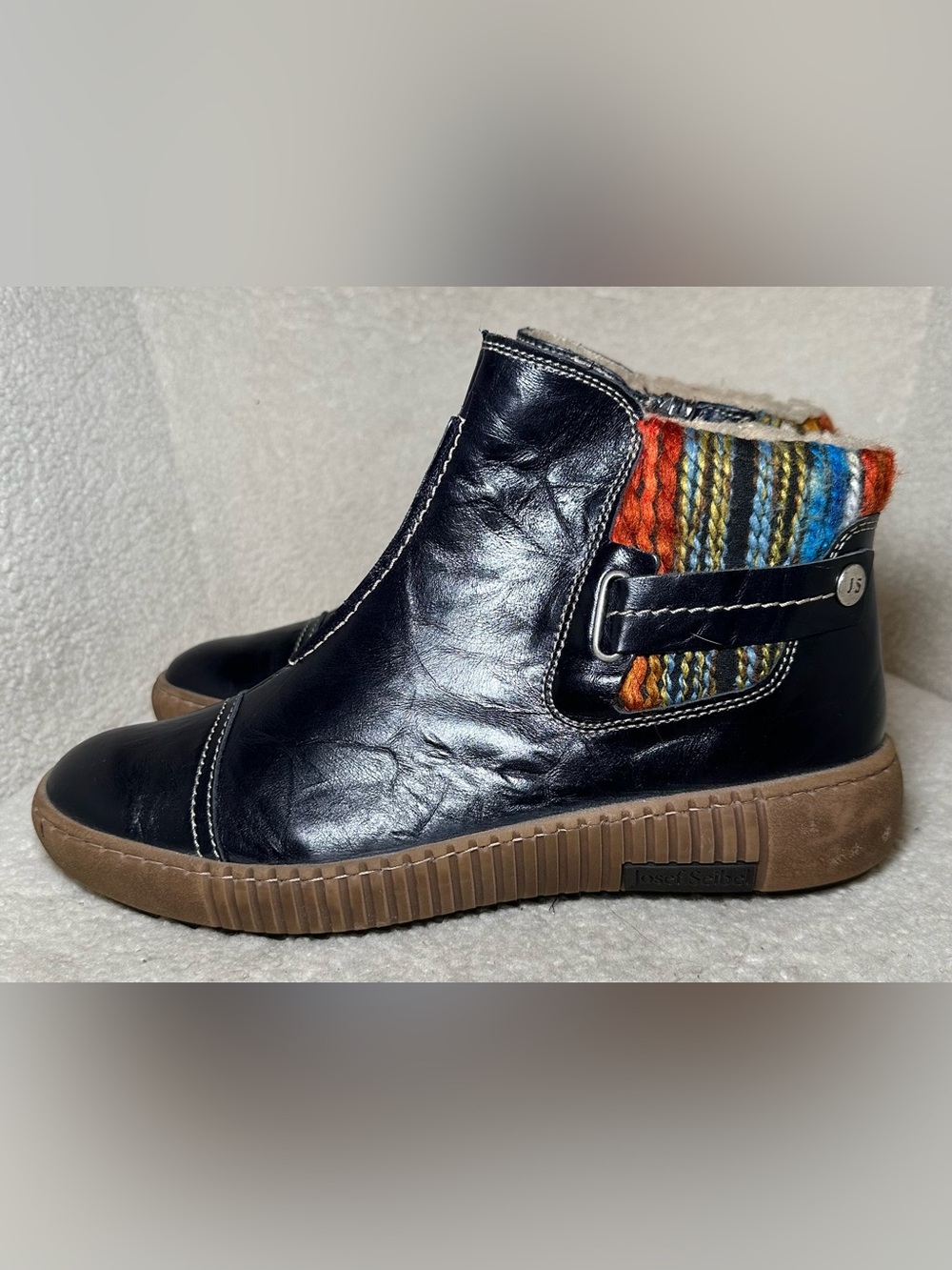 Josef Seibel Maren 07 Black Navy Leather Chelsea Ankle Boots Wool Cuff Winter 10 - Picture 3 of 13